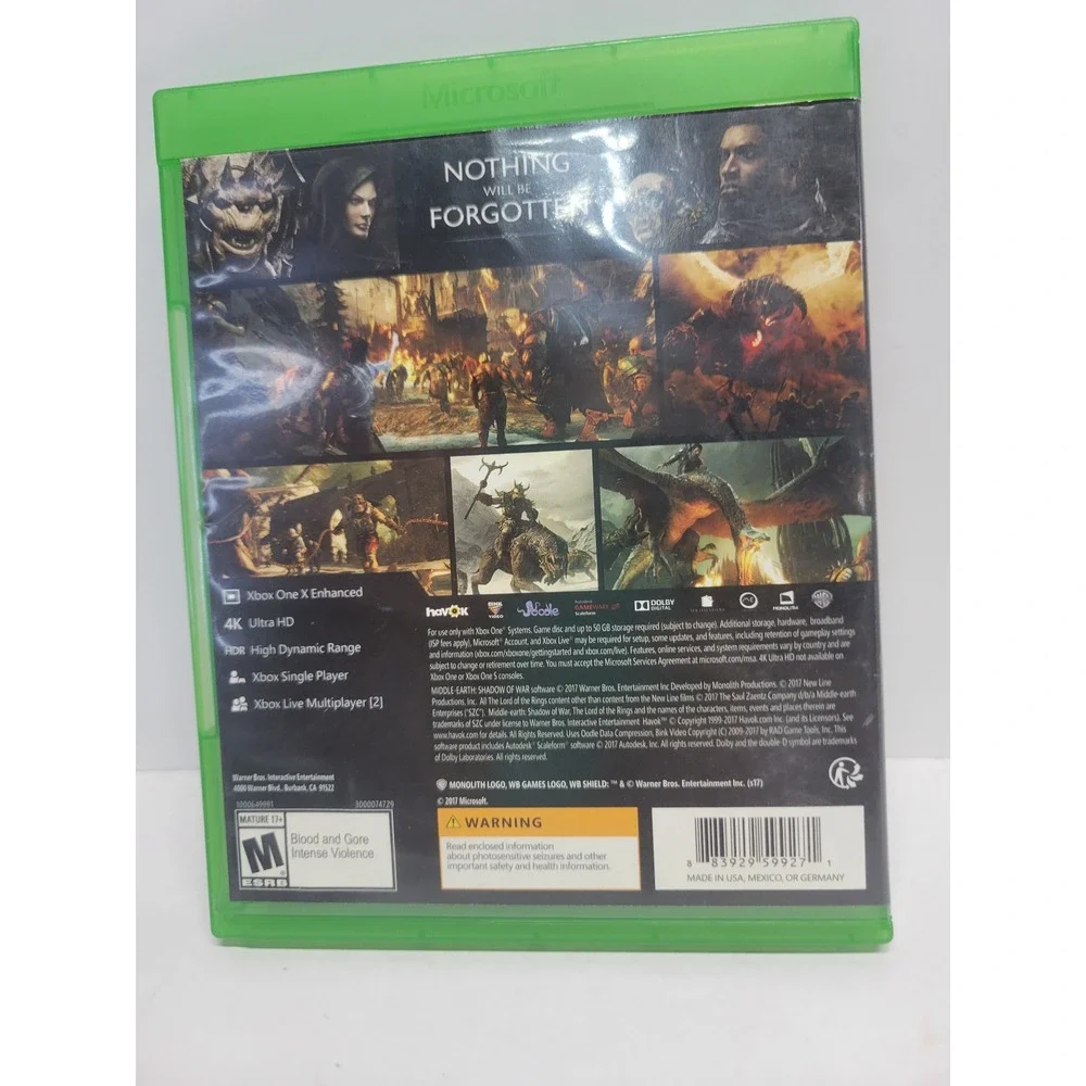 Middle-earth Shadow of War Microsoft Xbox One‎ 2017 4K HDR Action RPG Game Disc